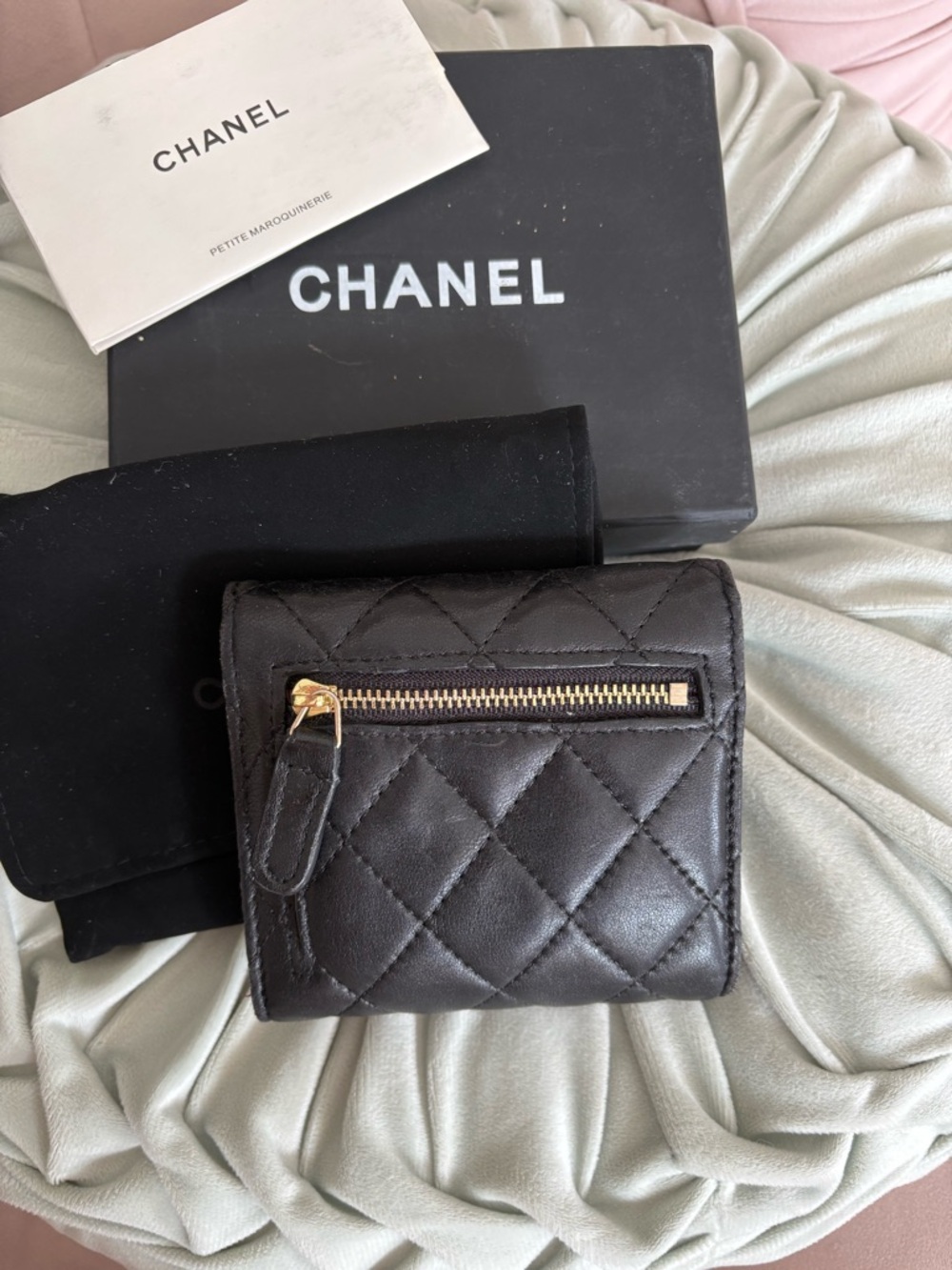 CHANEL Black Quilted lambskin genuine  Leather Small tri-fold Wallet - Picture 2 of 12